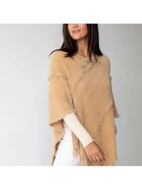 NATURAL LIFE Women’s Camel Fringe Knit Poncho One Size Cozy Boho Hippie Chic